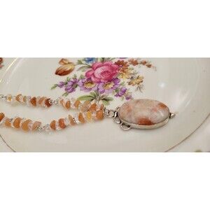 Sunstone Pendant with Orange Carnelian & Crystal Quartz Beaded Necklace